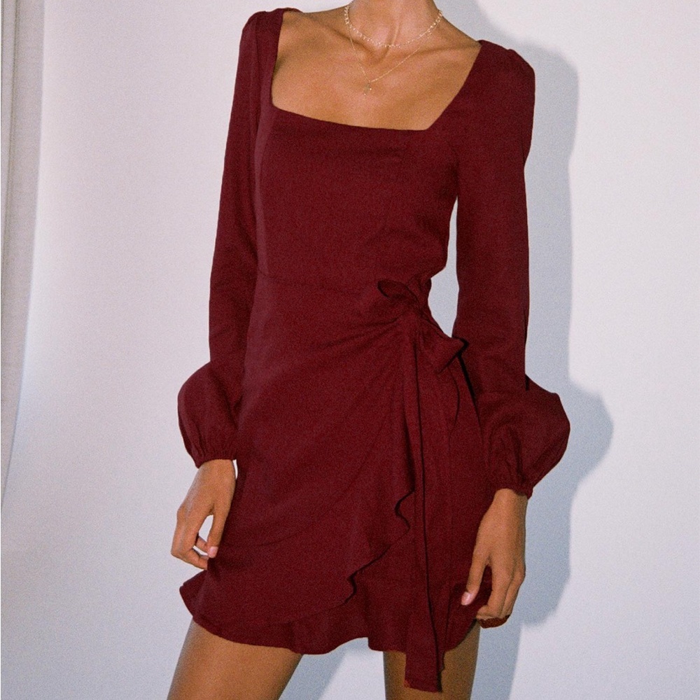 Princess Polly The Villa Long Sleeve Mini Dress Wrap Ruffle Short Red Size 8
